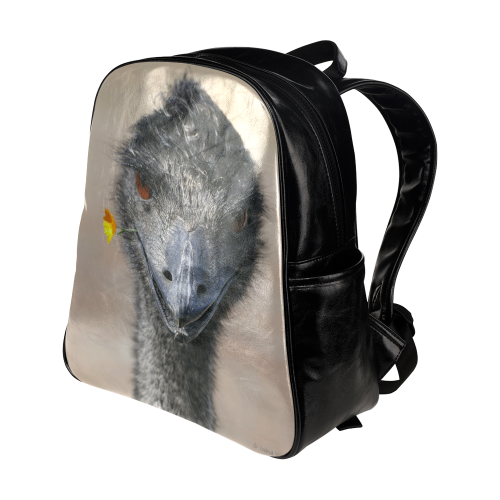 Happy Emu on black Multi-Pockets Backpack (Model 1636)