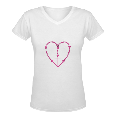 Catholic: Pink Rosary with Heart Shaped Beads Women's Deep V-neck T-shirt (Model T19)