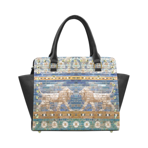 Two Lions And Daisis Mosaic Rivet Shoulder Handbag (Model 1645)