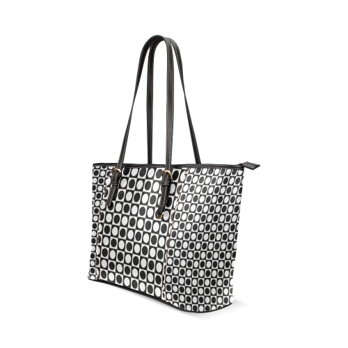 Modern DOTS in SQUARES pattern - black white Leather Tote Bag/Large (Model 1640)