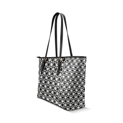Modern DOTS in SQUARES pattern - black white Leather Tote Bag/Large (Model 1640)