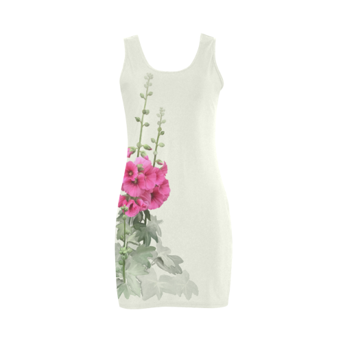 Pink Hollyhocks on very light shade of yellow-green, watercolor Medea Vest Dress (Model D06)