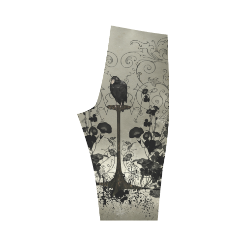 Crow with flowers on vintage background Hestia Cropped Leggings (Model L03)