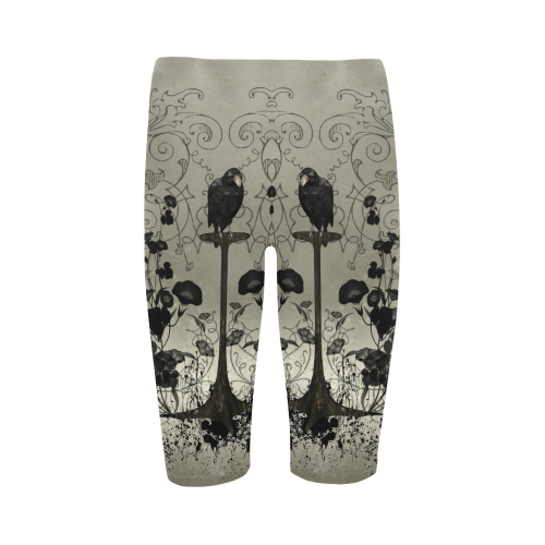 Crow with flowers on vintage background Hestia Cropped Leggings (Model L03)