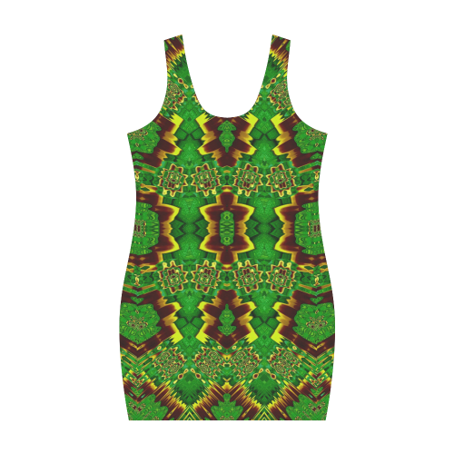 golden flowers in the green soft and silky Medea Vest Dress (Model D06)