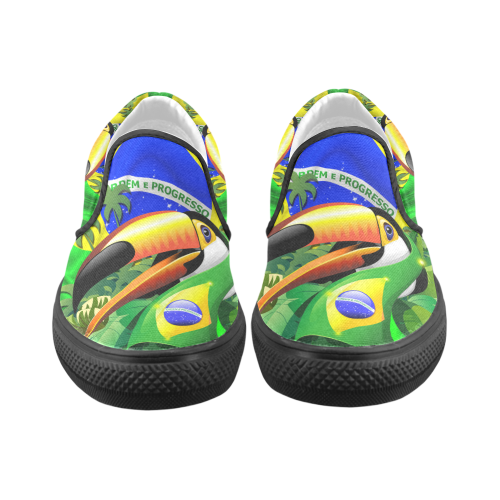 Brazil Flag with Toco Toucan Women's Unusual Slip-on Canvas Shoes (Model 019)