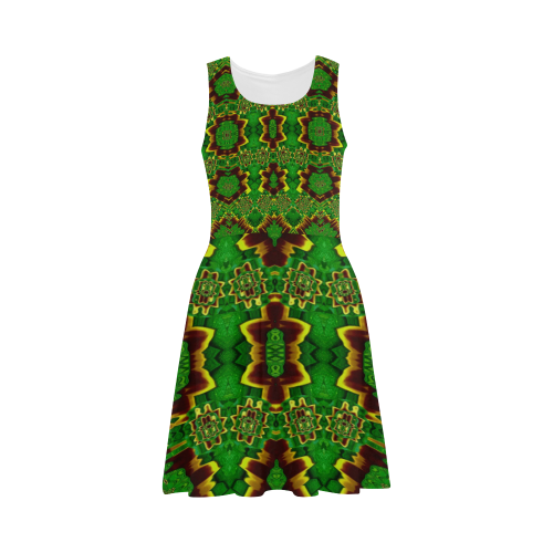 golden flowers in the green soft and silky Atalanta Sundress (Model D04)