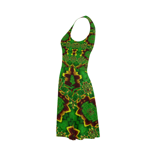 golden flowers in the green soft and silky Atalanta Sundress (Model D04)