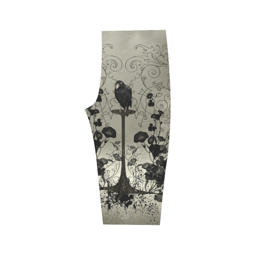 Crow with flowers on vintage background Hestia Cropped Leggings (Model L03)