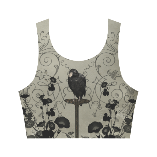 Crow with flowers on vintage background Women's Crop Top (Model T42)