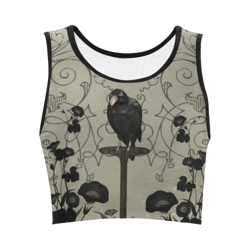 Crow with flowers on vintage background Women's Crop Top (Model T42)