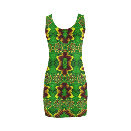 golden flowers in the green soft and silky Medea Vest Dress (Model D06)