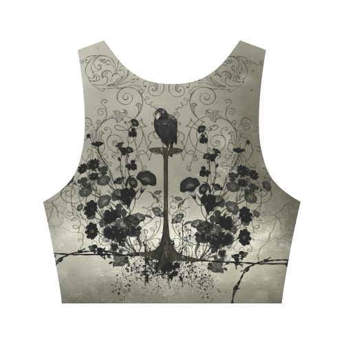 Crow with flowers on vintage background Women's Crop Top (Model T42)
