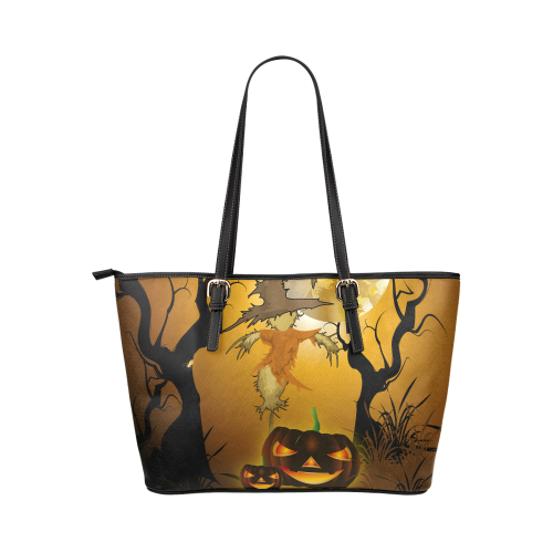 Funny scarecrow with punpkin Leather Tote Bag/Small (Model 1651)