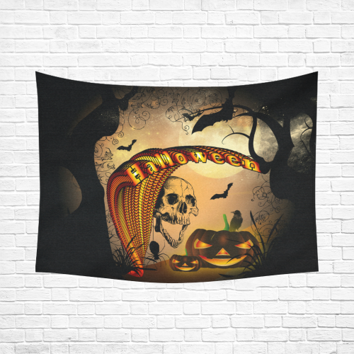 Funny halloween design with skull and pumpkin Cotton Linen Wall Tapestry 80"x 60"