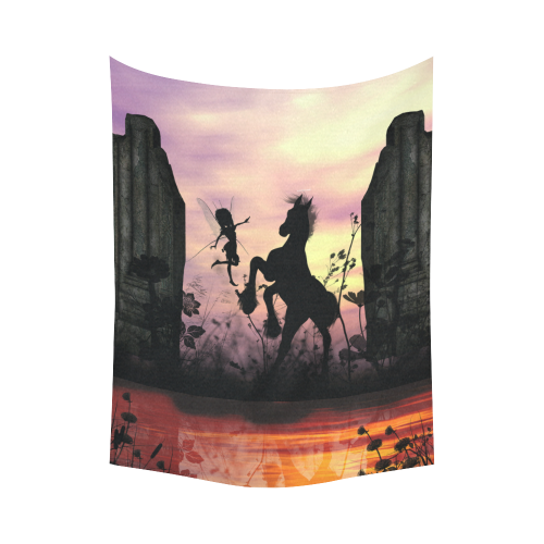 Wonderful fairy with foal in the sunset Cotton Linen Wall Tapestry 60"x 80"