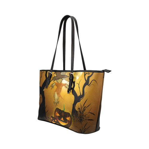 Funny scarecrow with punpkin Leather Tote Bag/Small (Model 1651)