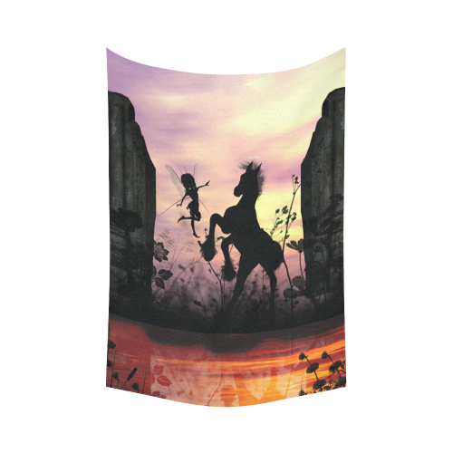 Wonderful fairy with foal in the sunset Cotton Linen Wall Tapestry 60"x 90"