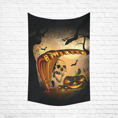 Funny halloween design with skull and pumpkin Cotton Linen Wall Tapestry 60"x 90"