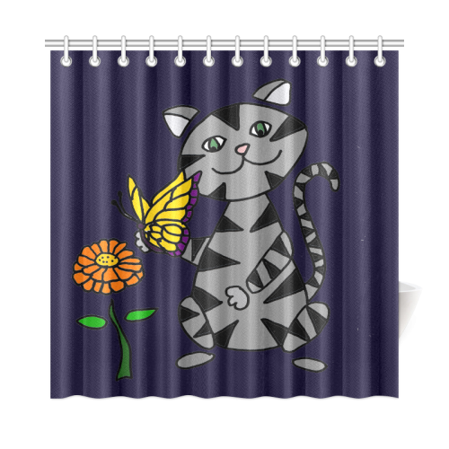 Funny Gray Tabby Cat with Butterfly Shower Curtain 72"x72"