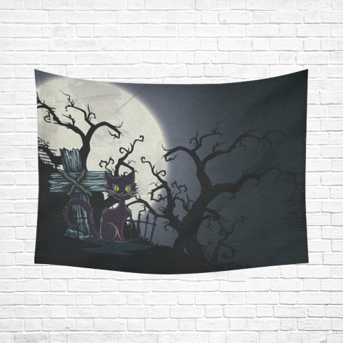Vintage Halloween Cemetery Cat Cotton Linen Wall Tapestry 80"x 60"