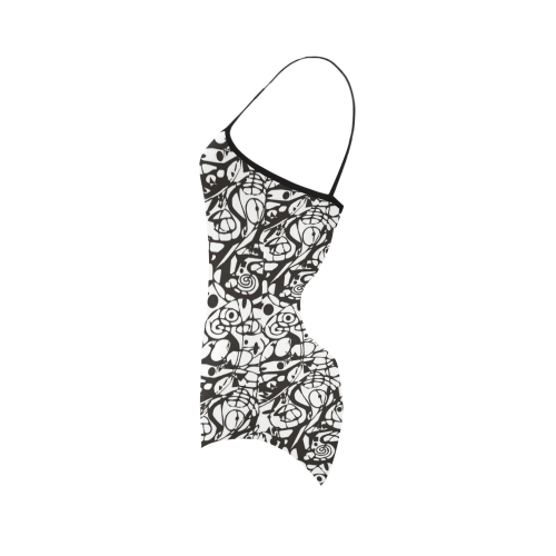 Crazy Spiral Shapes Pattern - Black White Strap Swimsuit ( Model S05)