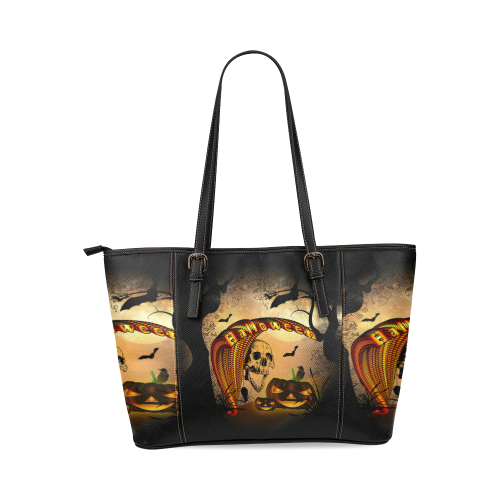 Funny halloween design with skull and pumpkin Leather Tote Bag/Small (Model 1640)