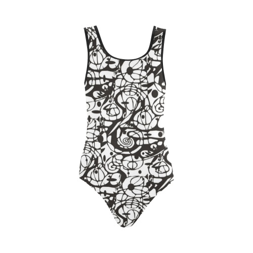 Crazy Spiral Shapes Pattern - Black White Vest One Piece Swimsuit (Model S04)