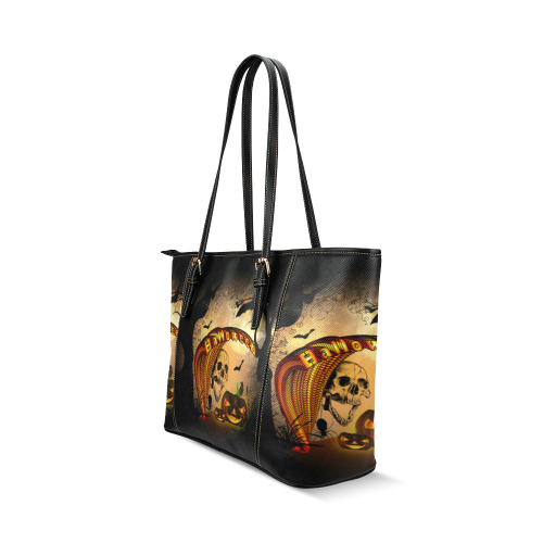 Funny halloween design with skull and pumpkin Leather Tote Bag/Small (Model 1640)