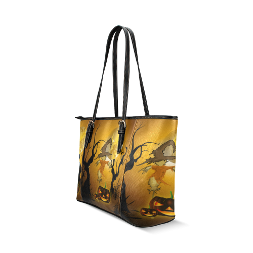 Funny scarecrow with punpkin Leather Tote Bag/Small (Model 1640)