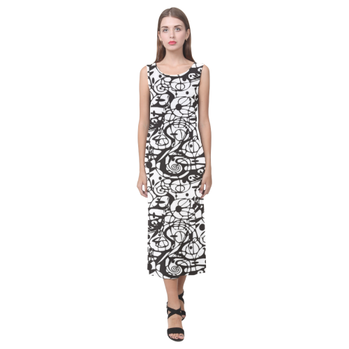 Crazy Spiral Shapes Pattern - Black White Phaedra Sleeveless Open Fork Long Dress (Model D08)