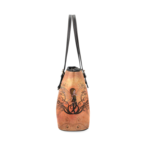 Cute fairy playing flute, Leather Tote Bag/Small (Model 1640)