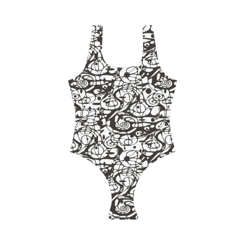 Crazy Spiral Shapes Pattern - Black White Vest One Piece Swimsuit (Model S04)