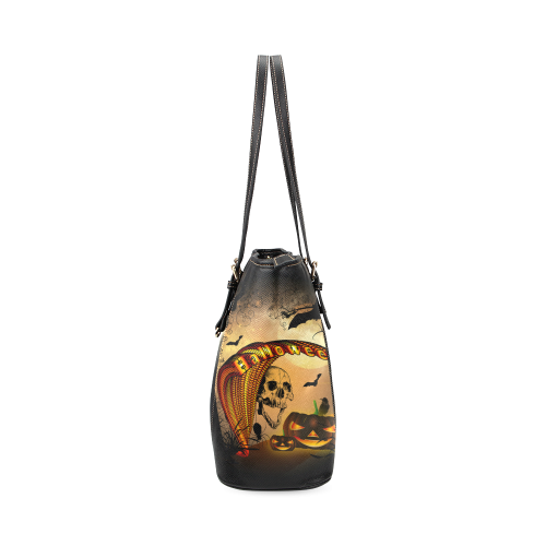 Funny halloween design with skull and pumpkin Leather Tote Bag/Small (Model 1640)