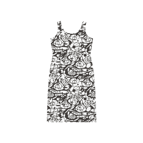 Crazy Spiral Shapes Pattern - Black White Phaedra Sleeveless Open Fork Long Dress (Model D08)