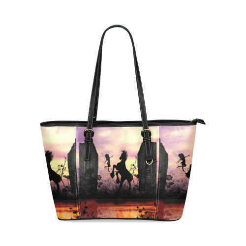 Wonderful fairy with foal in the sunset Leather Tote Bag/Small (Model 1640)