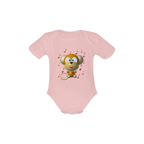 Cute Critters With Heart: Musical Monkey - Pink Baby Powder Organic Short Sleeve One Piece (Model T28)