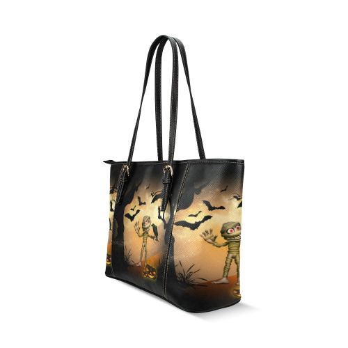 Funny mummy with crow Leather Tote Bag/Small (Model 1640)