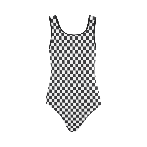 RACING / CHESS SQUARES pattern - black Vest One Piece Swimsuit (Model S04)