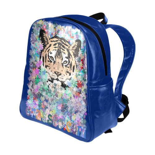 FLOWER TIGER BLUE Multi-Pockets Backpack (Model 1636)