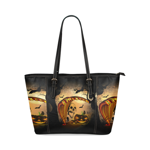 Funny halloween design with skull and pumpkin Leather Tote Bag/Small (Model 1640)