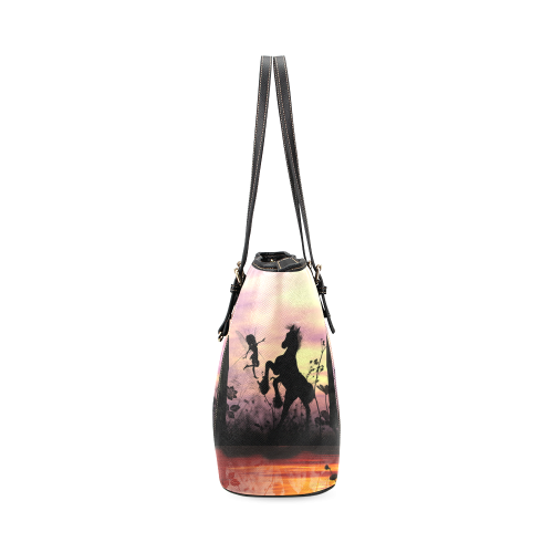 Wonderful fairy with foal in the sunset Leather Tote Bag/Small (Model 1640)