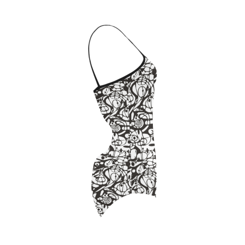 Crazy Spiral Shapes Pattern - Black White Strap Swimsuit ( Model S05)