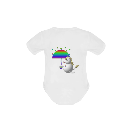 Cute Critters With Heart: Unicorn and Umbrella - White Baby Powder Organic Short Sleeve One Piece (Model T28)