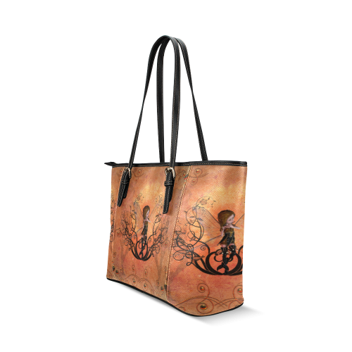 Cute fairy playing flute, Leather Tote Bag/Small (Model 1640)