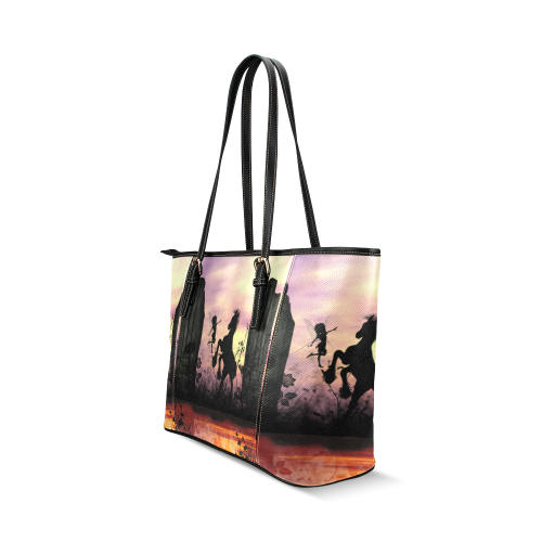 Wonderful fairy with foal in the sunset Leather Tote Bag/Small (Model 1640)