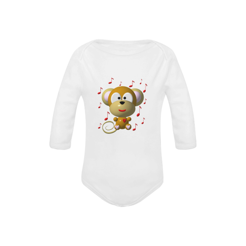 Cute Critters With Heart: Musical Monkey - White Baby Powder Organic Long Sleeve One Piece (Model T27)