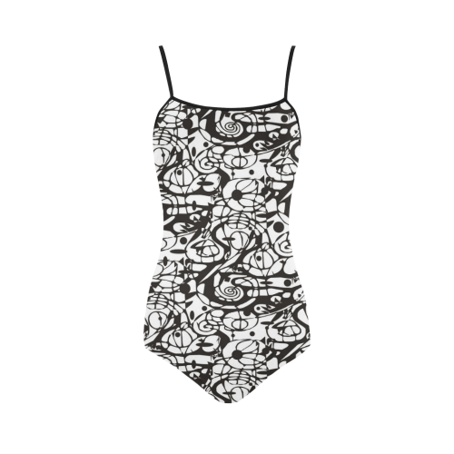 Crazy Spiral Shapes Pattern - Black White Strap Swimsuit ( Model S05)