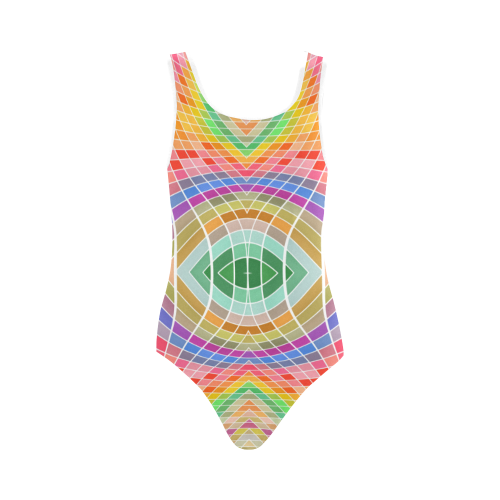 Multicolored Squares Grid Waves - white Vest One Piece Swimsuit (Model S04)