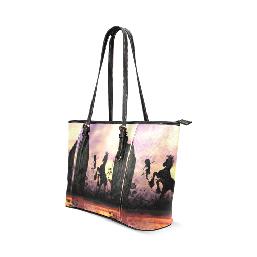 Wonderful fairy with foal in the sunset Leather Tote Bag/Small (Model 1640)